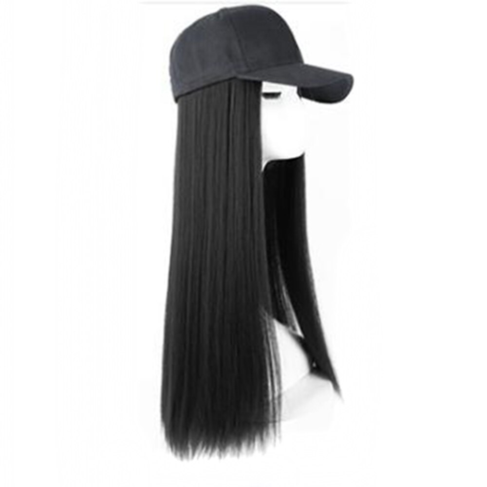 Long Straight Black Hat Baseball Cap with Hair Extension Brown Wig Hairpieces Synthetic Hair Pieces