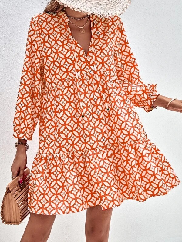 Afslappet boho tøj blomsterprint kjole til kvinder v-hals trekvartærmet forår efterår festkjoler dame: Xl / Orange