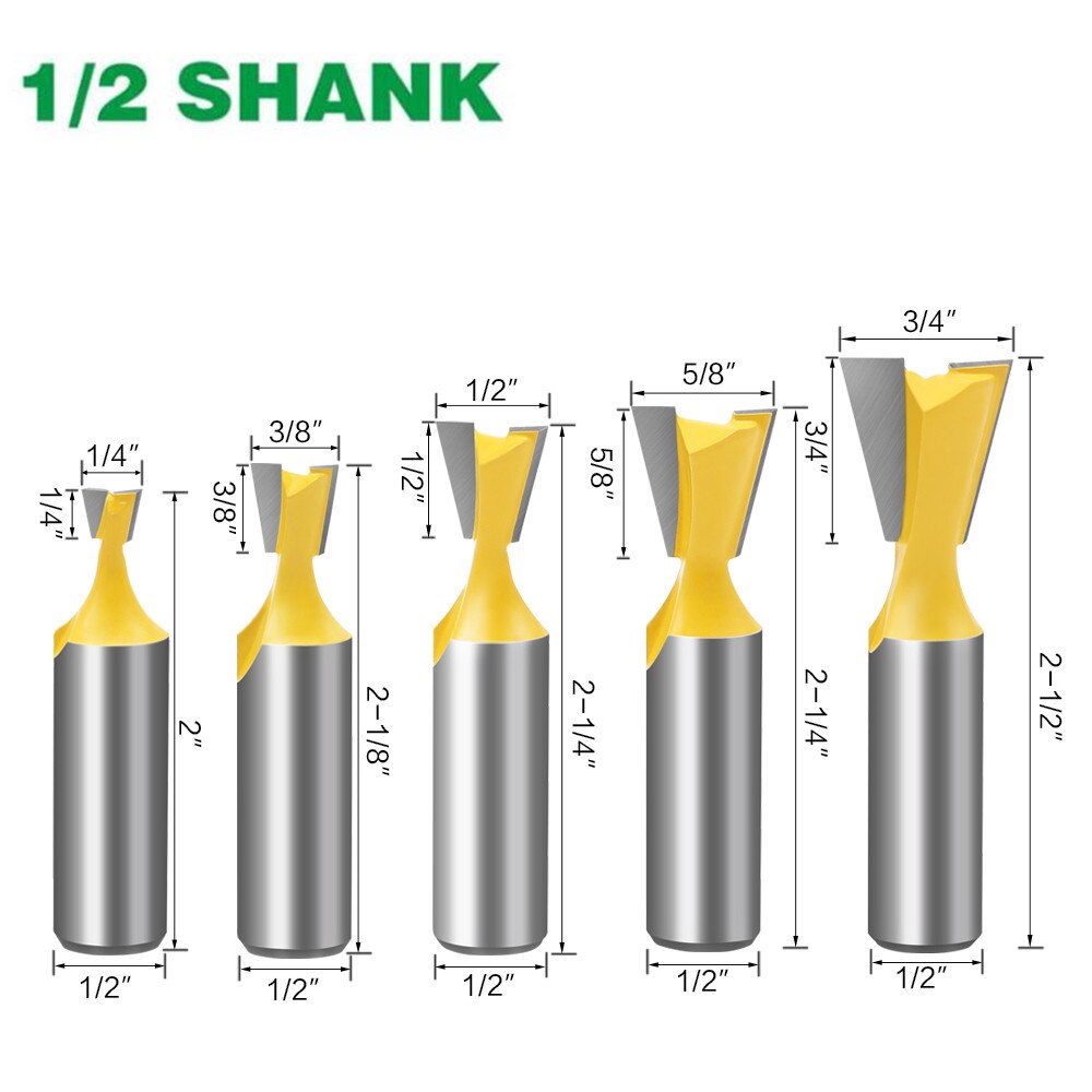 1/5/6Pcs 6mm/6.35mm 8MM Shank Dovetail Milling Cutters C3 Grade Tungsten Router Bits For Wood Carving Woodworking Tools: 5pcs 12.7mm shank