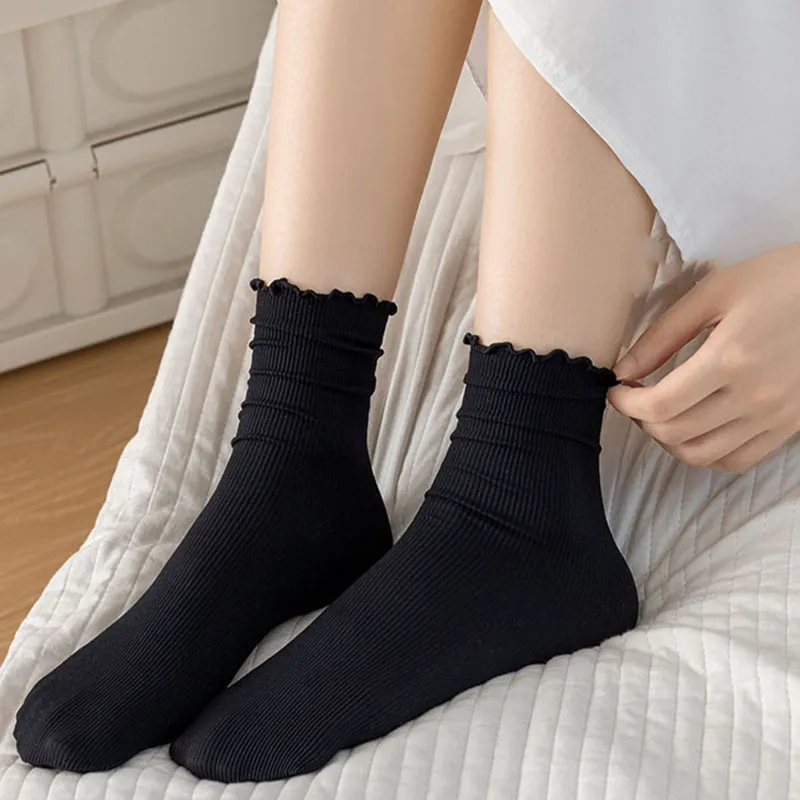 Women Ruffled Edge Bing Bing Socks Summer Ultra-thin Absorb Sweat Prevent Odor Soft Ice Velvet Harajuku Stretch Elasticity Socks: 3XS / Azul