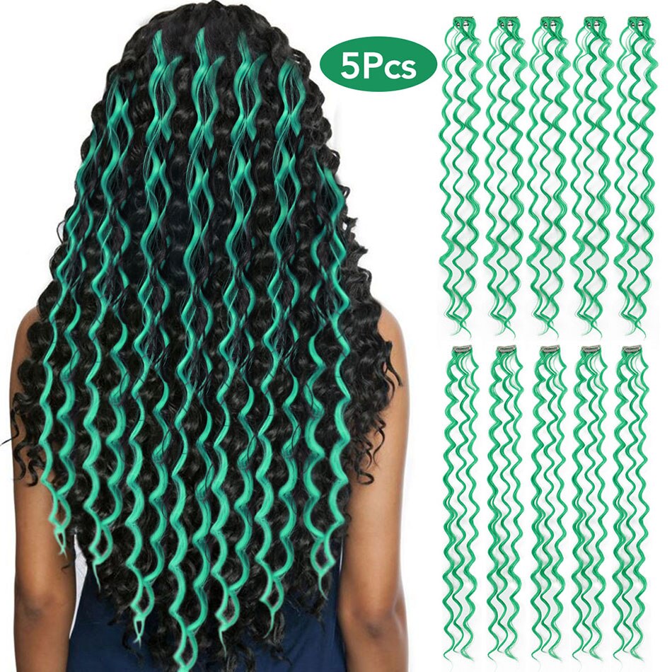 MEEPO pelo sintético con pinza en extensiones de cabello de una pieza oscuro largo onda color destacar de la extensión del pelo para mujeres 5 unids/set: Light Green