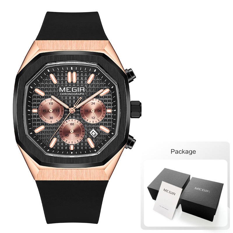 Megir heren waterdicht horloge met achthoekige wijzerplaat, chronograaf, quartz polshorloge met olijfgroene siliconen band, datumweergave en lichtgevende wijzers 2215: Hemelsblauw