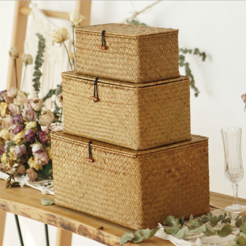 Cesta de almacenamiento tejida con tapa, cestas de almacenamiento de algas marinas para el hogar, cajas de juguetes para artículos diversos a prueba de polvo, organizador, decoración del hogar