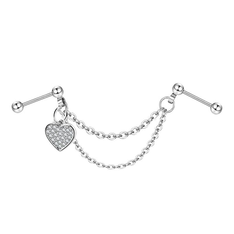 1pc Chain Earrings Stainless Steel Simple Industrial Piercing Love Heart Cartilage Helix Barbell Jewelry for Women: Titanium Plated