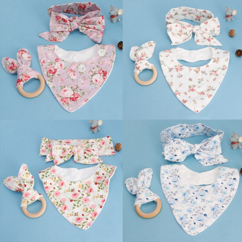 3pz Del bambino Orecchie di Coniglio Massaggiagengive Bavaglini di Cotone Della fascia infantile saliva Asciugamano impostato per La Cura di L41D