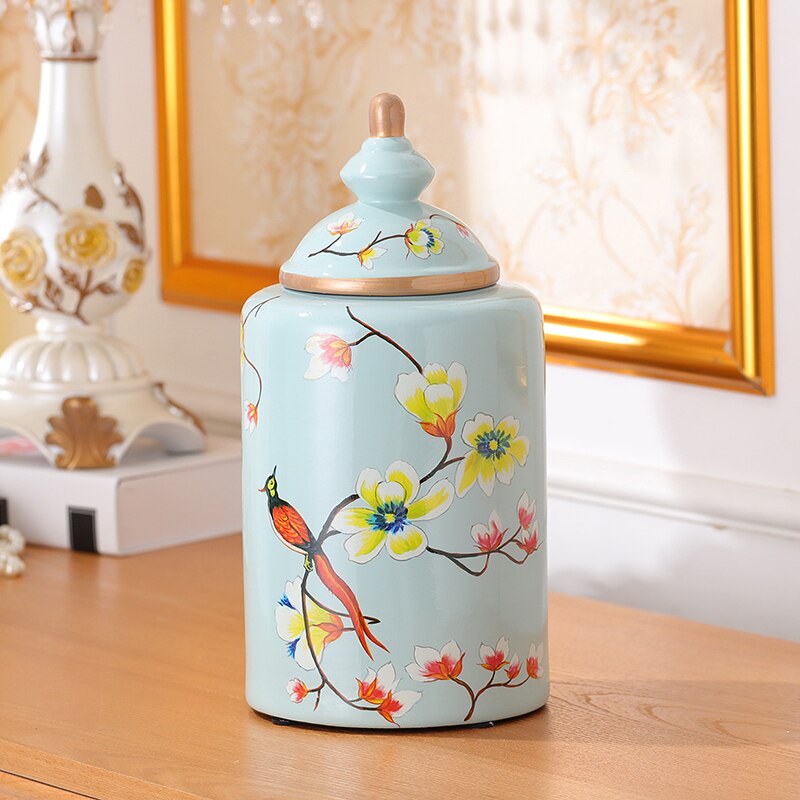Jarrón de cerámica pintado de flores y pájaros, jarrones clásicos, tarro de caramelo antiguo, tarros de almacenamiento de porcelana multiusos, decoración Vintage para el hogar: Blue Middle