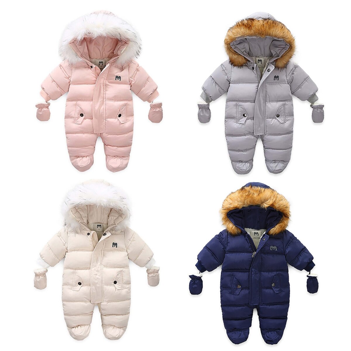 Baby jenter gutter glidelås jumpsuits med hansker, vinter romper jumpsuit romper antrekk