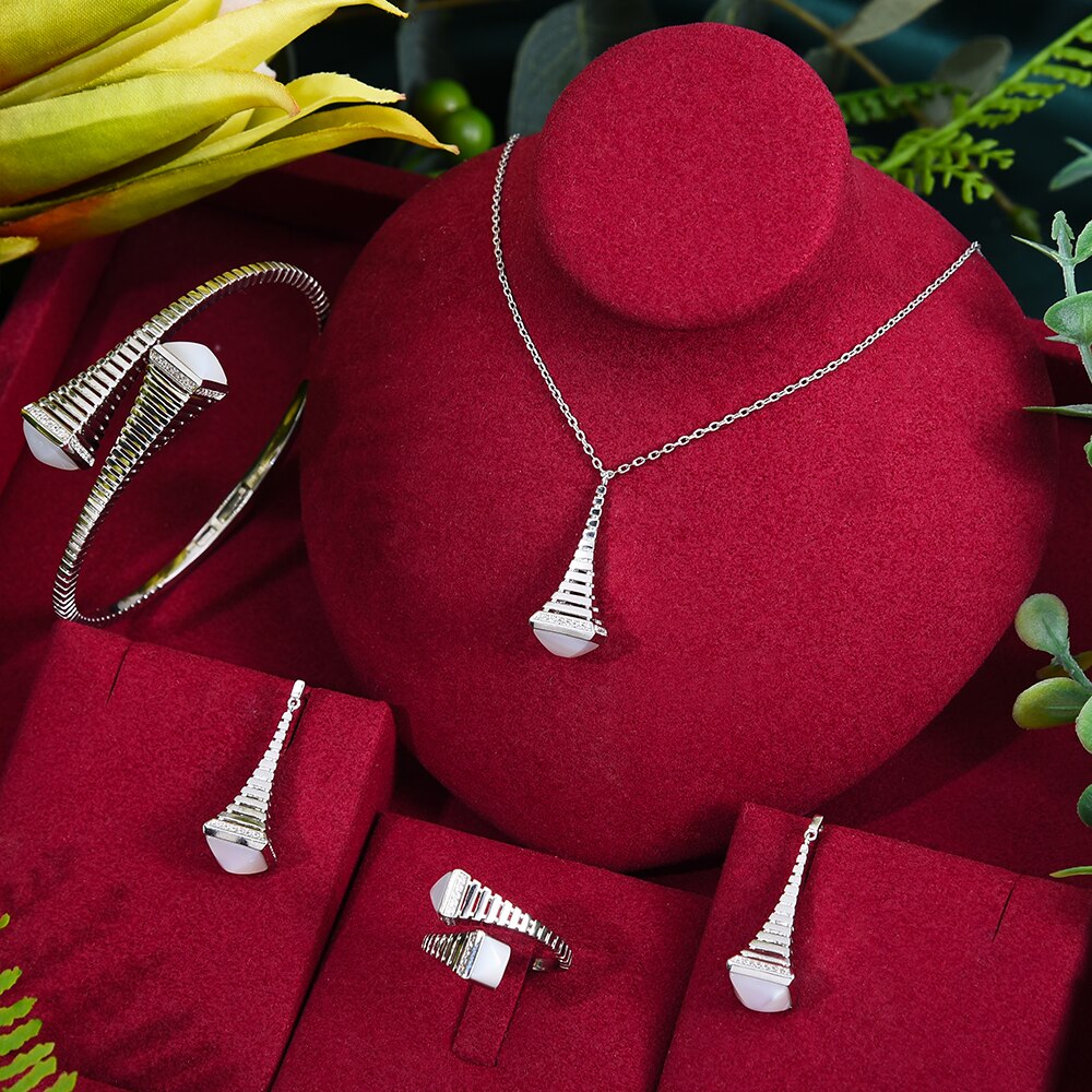 GODKI nowa sława marka 4 sztuk Waterdrop zestawy biżuterii dla kobiet Wedding Party Cubic cyrkon wysokiej klasy Craft Dubai zestaw biżuterii ślubnej: 4PC silver shell set