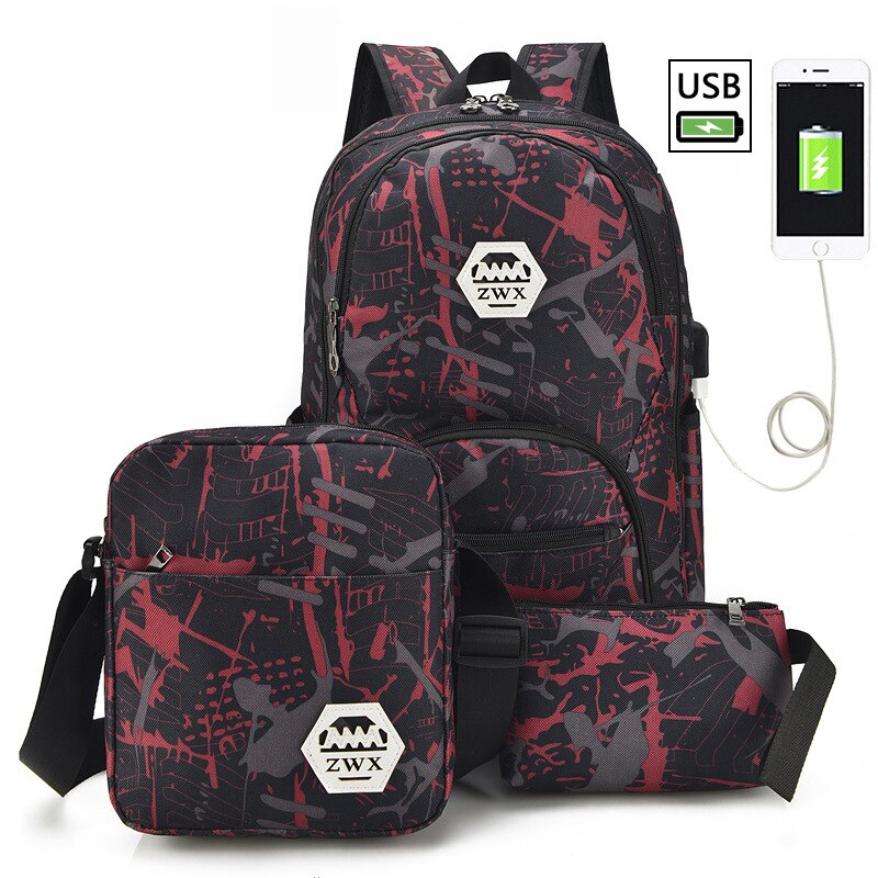 3 pièces/ensemble USB mâle sacs à dos lycée sacs pour femmes garçons une épaule grand étudiant voyage sac hommes école sac à dos mochila