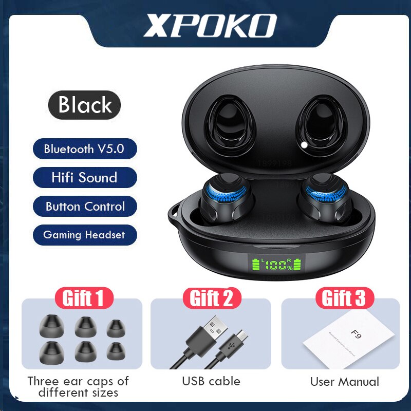 Draadloze koptelefoon bluetooth  v5.0 oordopjes led-display draadloze oordopjes met microfoon waterdichte koptelefoon met touchbediening: Zwart