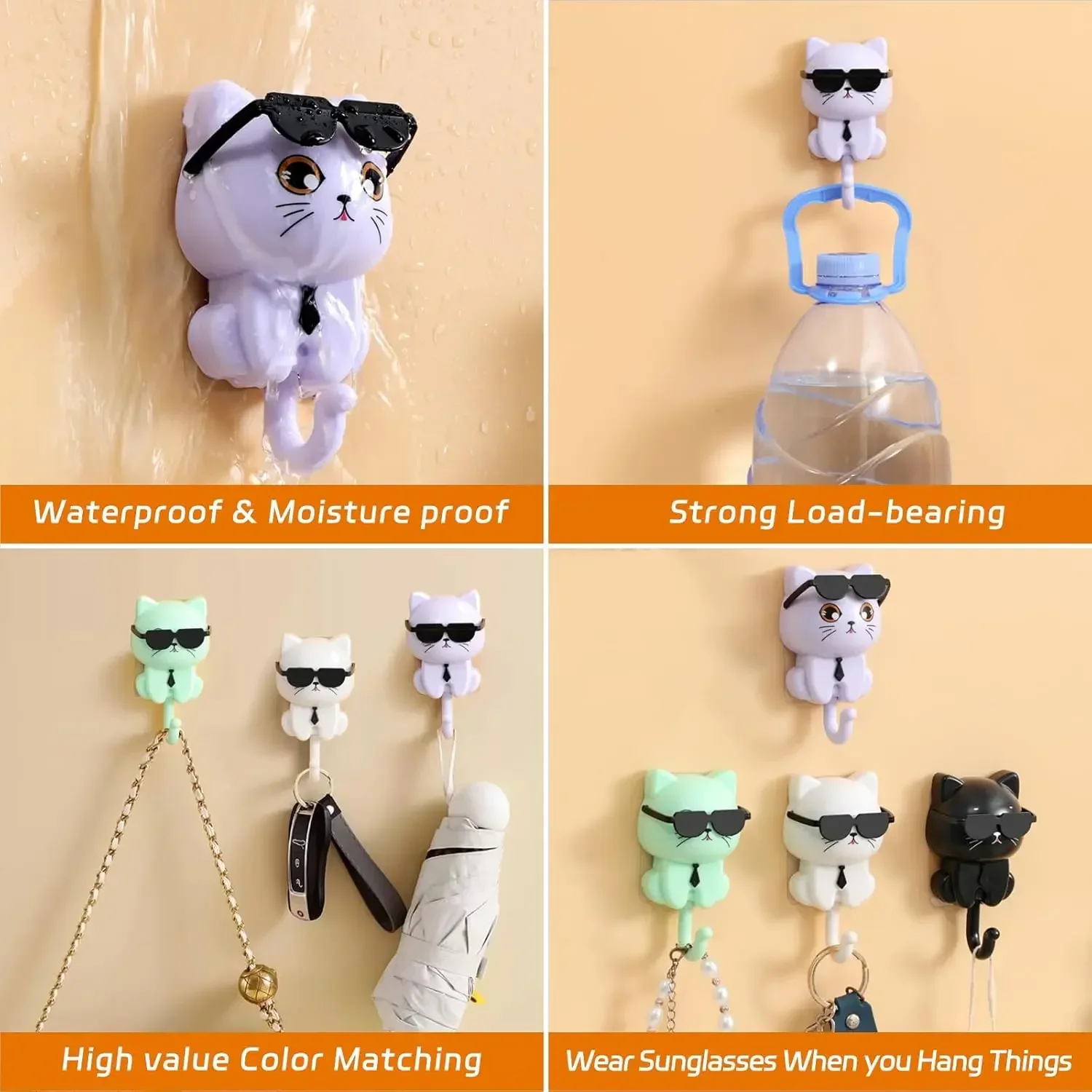 Ganchos para gatitos, gancho de pared para gatos de dibujos animados, colgador para colgar en la pared, soporte para llaves, utilidad de almacenamiento para el hogar, decoración de pared para ropa y sombrero, 4 Uds.
