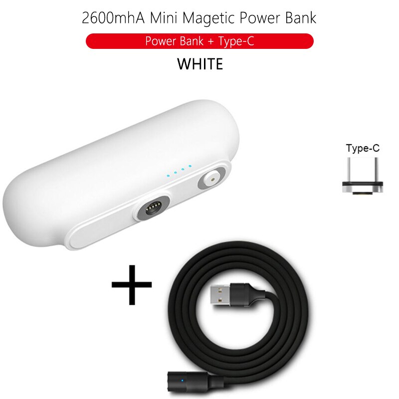 Mini bateria portátil tipo-c, bateria de carregamento magnético para iphone, samsung, huawei, micro usb, carregador 2600mah powerbank de cápsula,: Type C White