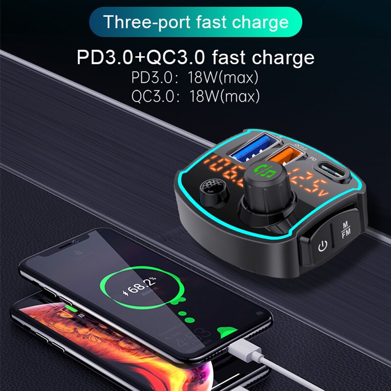 Receptor con Bluetooth para coche, transmisor FM manos libres, reproductor de música mp3, modulador, USB Dual, QC3.0, PD18W, carga rápida, disco en U, novedad de 5,0