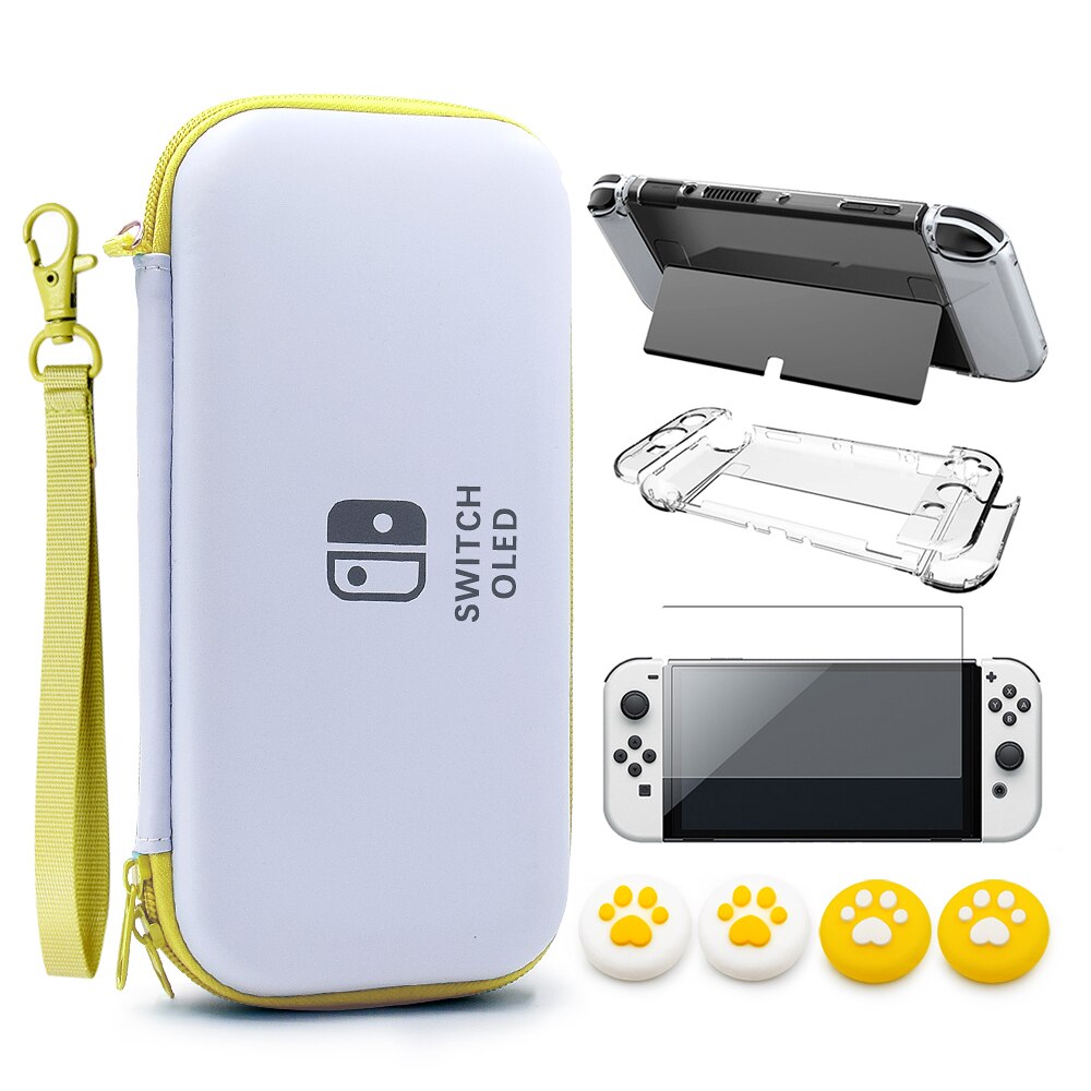 Switch OLED Storage Carry Bag Accessories Kit PC Clear Cover Case Screen Protector With Analog Grips for Nintendo Switch OLED: Yellow