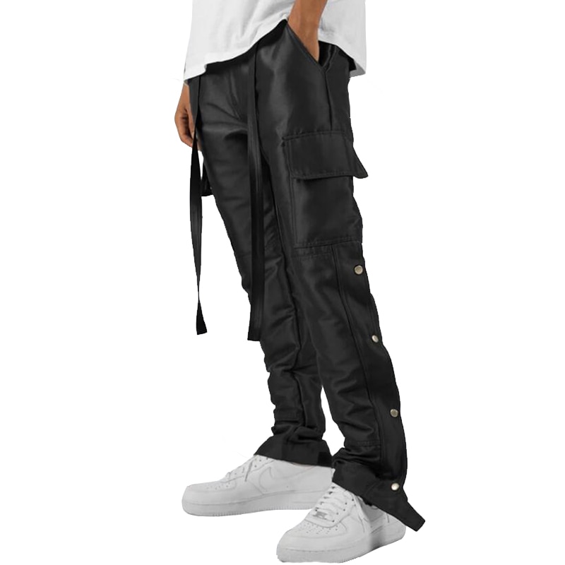 Sorte nylon snap cargo bukser herre urban streetwear punk hip hop sweatpants herre stropper knapper velcro rem lukning bukser