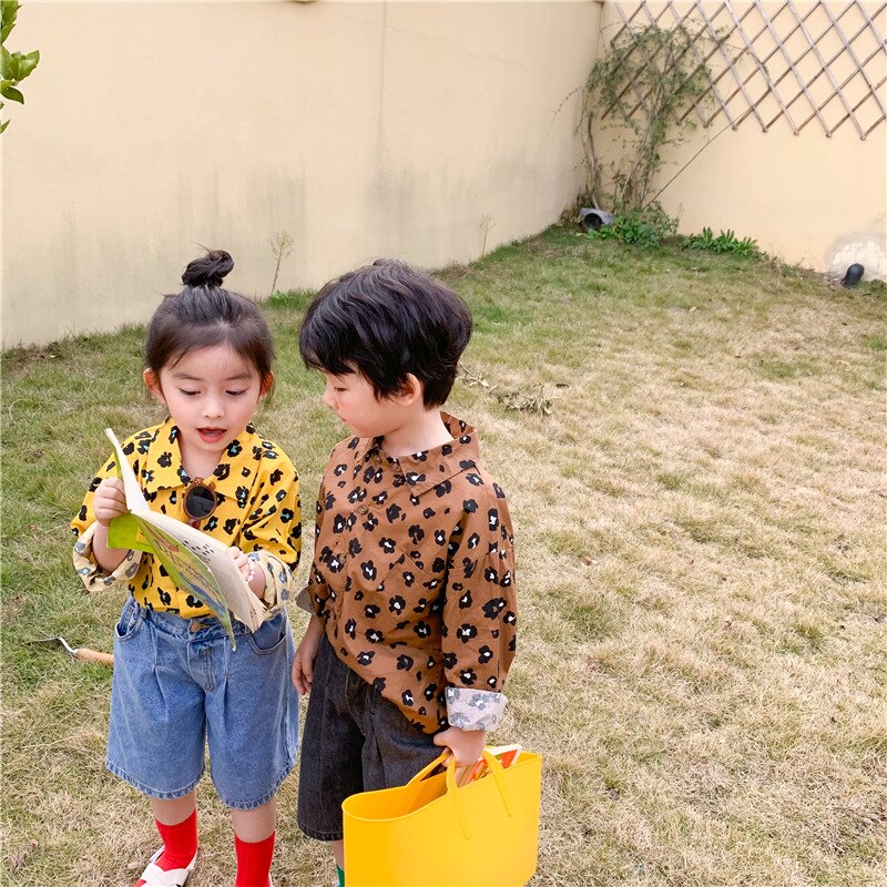 Lente Koreaanse Stijl Unisex Kids Luipaard Shirts 2-7 Jaar Jongens En Meisjes Katoen Casual Lange Mouw tops Kleding