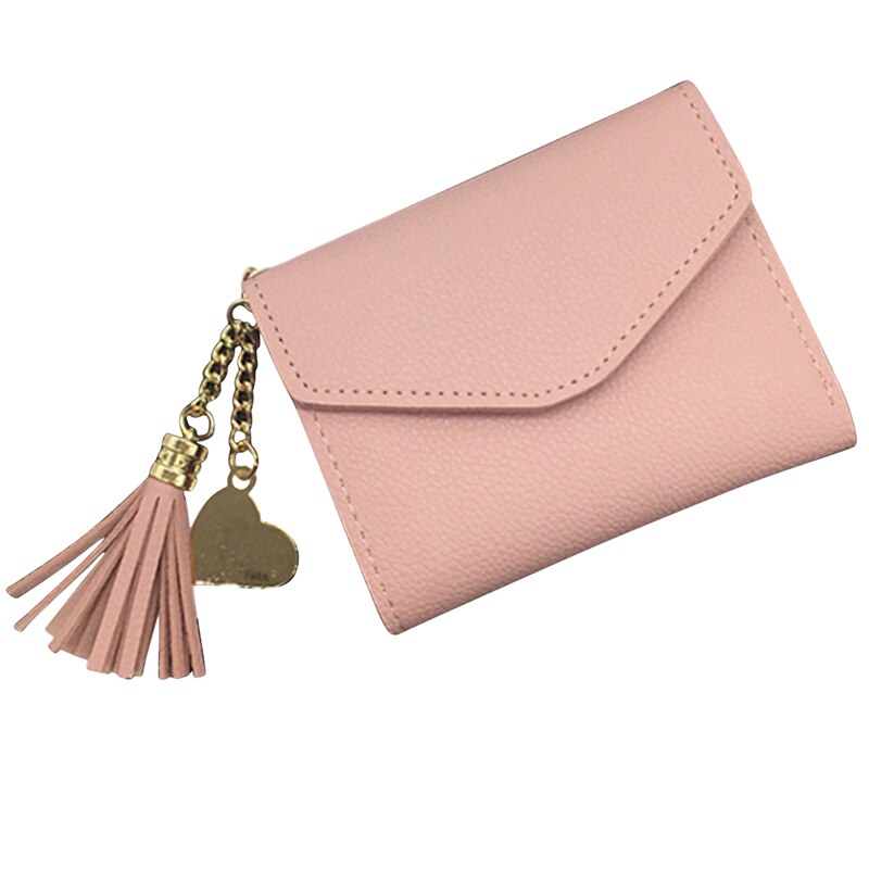 Short Wallet Tassel PU Leather Wallets Female Heart Pendant Hasp Coin Purse Mini Bag: light pink