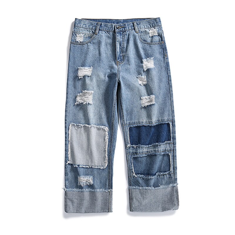 Firmranch Spring/Autumn Ripped Men's Jeans Loose Straight Do Old Patchwork Beggar Jeans Pants Hip-Hop Frilled Trousers: XXXL