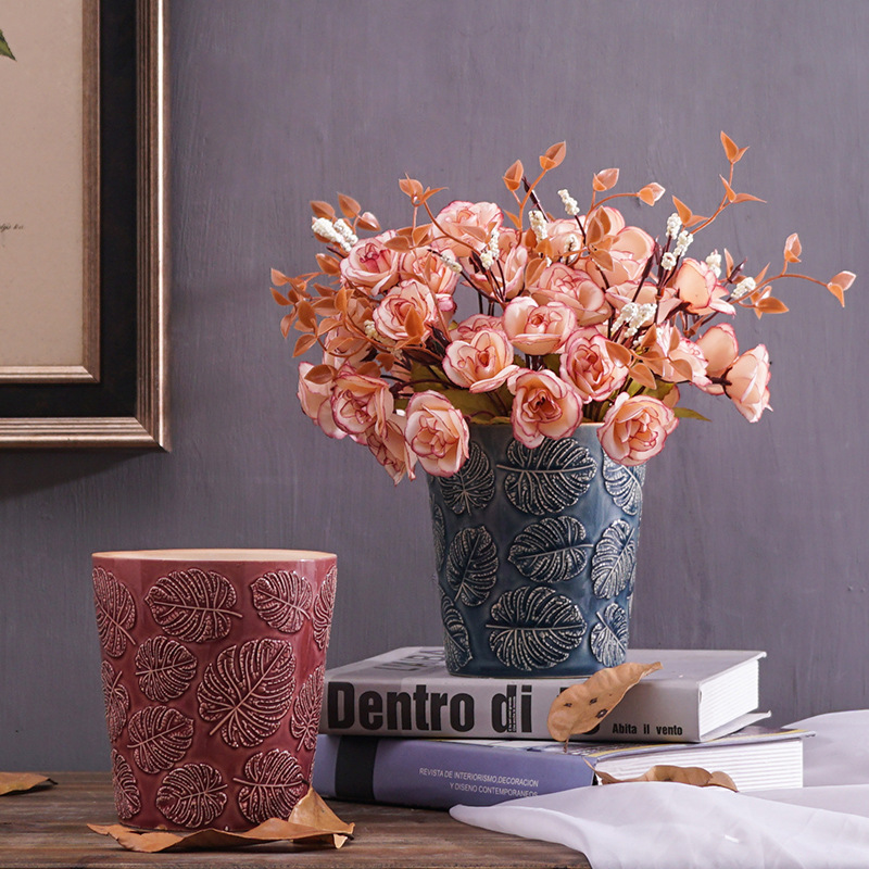 Japanese Style Ceramic Flower Pot Leaf Pattern Vase Dandelion Pattern Vase Simple Style Home Desktop Decor Garden Decoration
