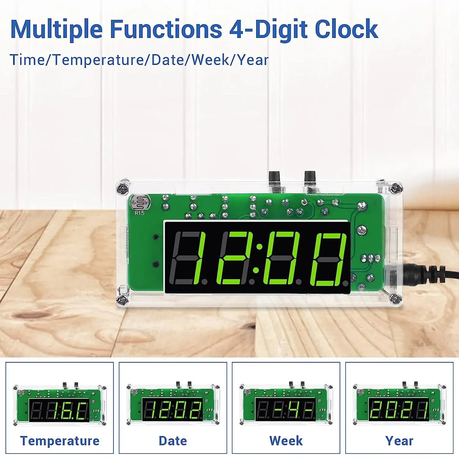 Multifunction 4-Digit Digital DIY Clock Kits with Acrylic Shell, DIY Alarm Clock Soldering Practice Kit for Learning Electronics