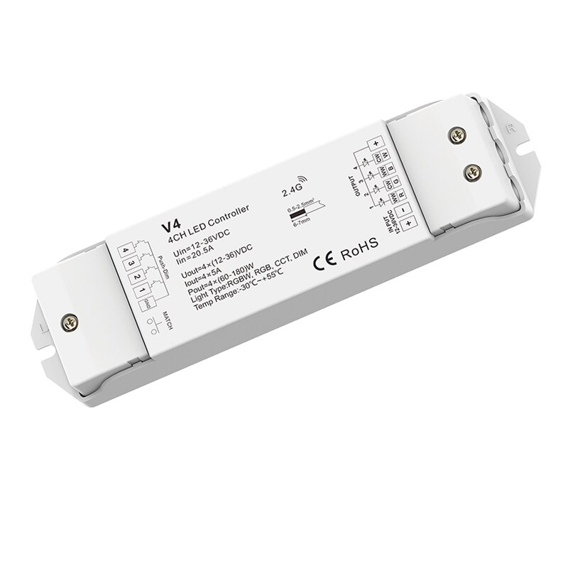 Led Strip Dimmer 12V Input 4x5A 20A Output Receiver Numeric Display V4 Wireless RF RS1 Remote Single String Dim Controller