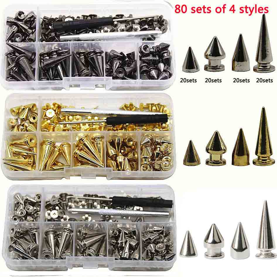 Juego de tachuelas y pinchos traseros de tornillo de remache Punk, Kit con herramientas de artesanía de cuero, cono de bala DIY para collar de pulsera de cuero, 180/80 juegos