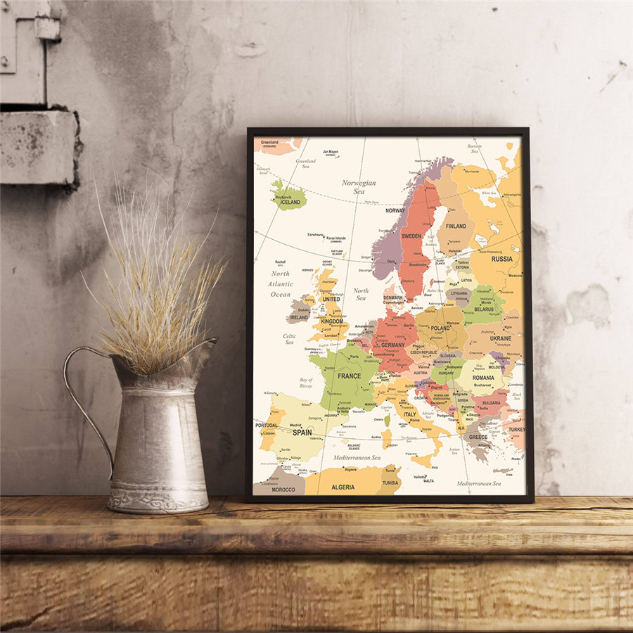 Värikäs euroopan kartta vintage antiikki kangas seinätarra olohuone juliste print retro art tyyli maalaus kahvila pub baari kuva