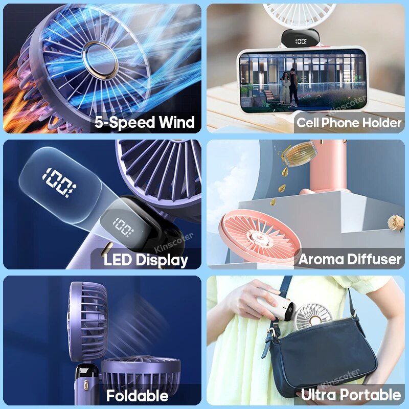 Mini ventilador portátil dobrável usb para pendurar no pescoço, ventilador recarregável de 5 velocidades com suporte para telefone e tela de exibição