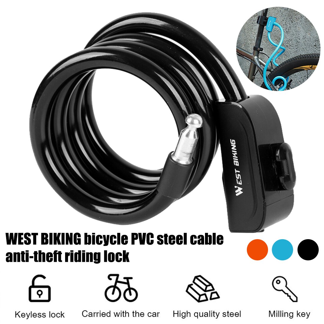 1.2M Bicycle Steel Lock PVC Cable Anti-theft Riding Lock Portable Lengthened Bold Mountain Bike Equipment Bike Lock