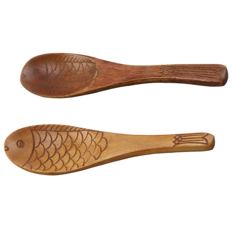 Cuchara de madera en forma de pez de estilo japonés, cuchara de textura tallada a mano, vajilla
