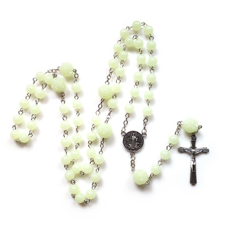 Saint Benedict Retro Rosary Beads Catholic Necklace Mystery Bead Miraculous Holy Card Cross Prayer Long Chain Necklaces