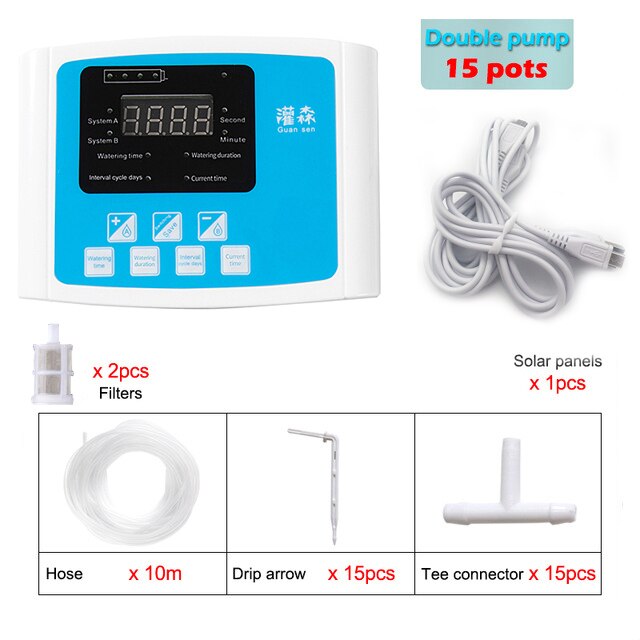 Single/Double Pump Drip Irrigation System Garden Self Watering Controller Home Plant Watering System 10pot/15pot Watering Kits: 10m Double pump gray