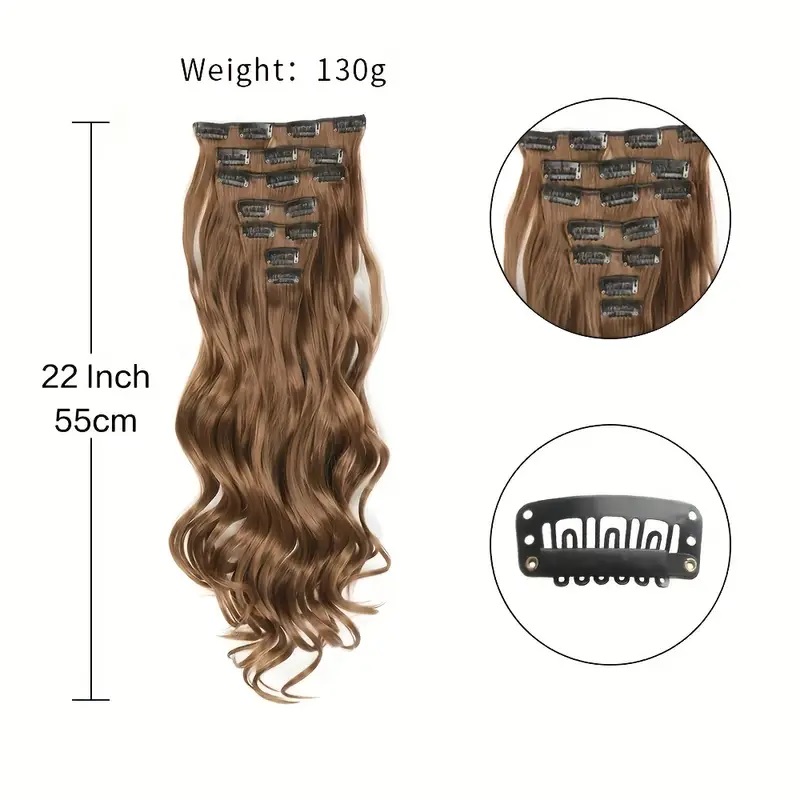 Extensiones de cabello con Clip, 7 Uds., cabeza completa, 22 pulgadas de largo, rizado, ondulado, sintético, Ondulado Natural para mujeres y niñas