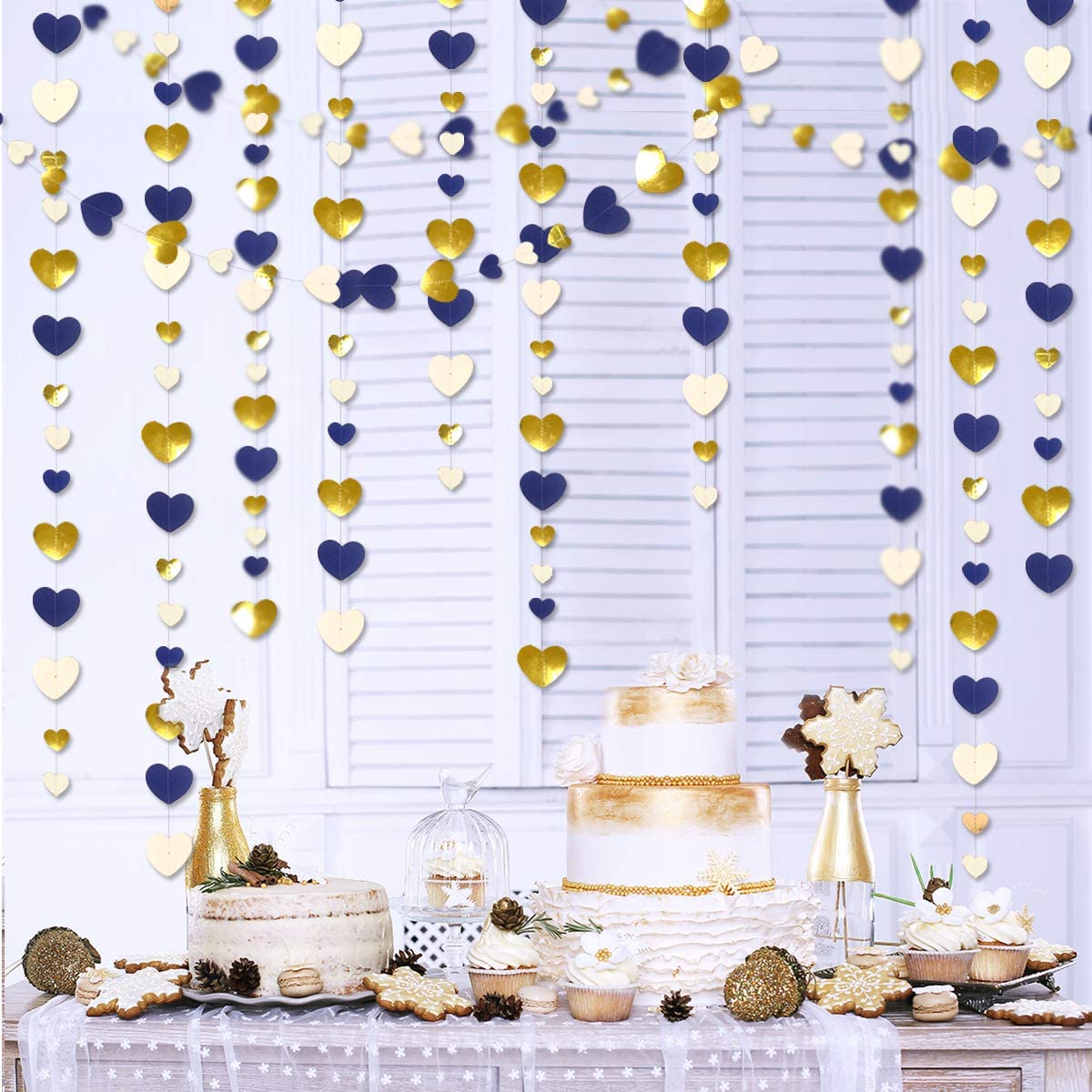 Guirnaldas de papel dorado y plateado azul marino real, suministros de decoración de pared para de cumpleaños de bebé, boda, corazón de amor, 4M