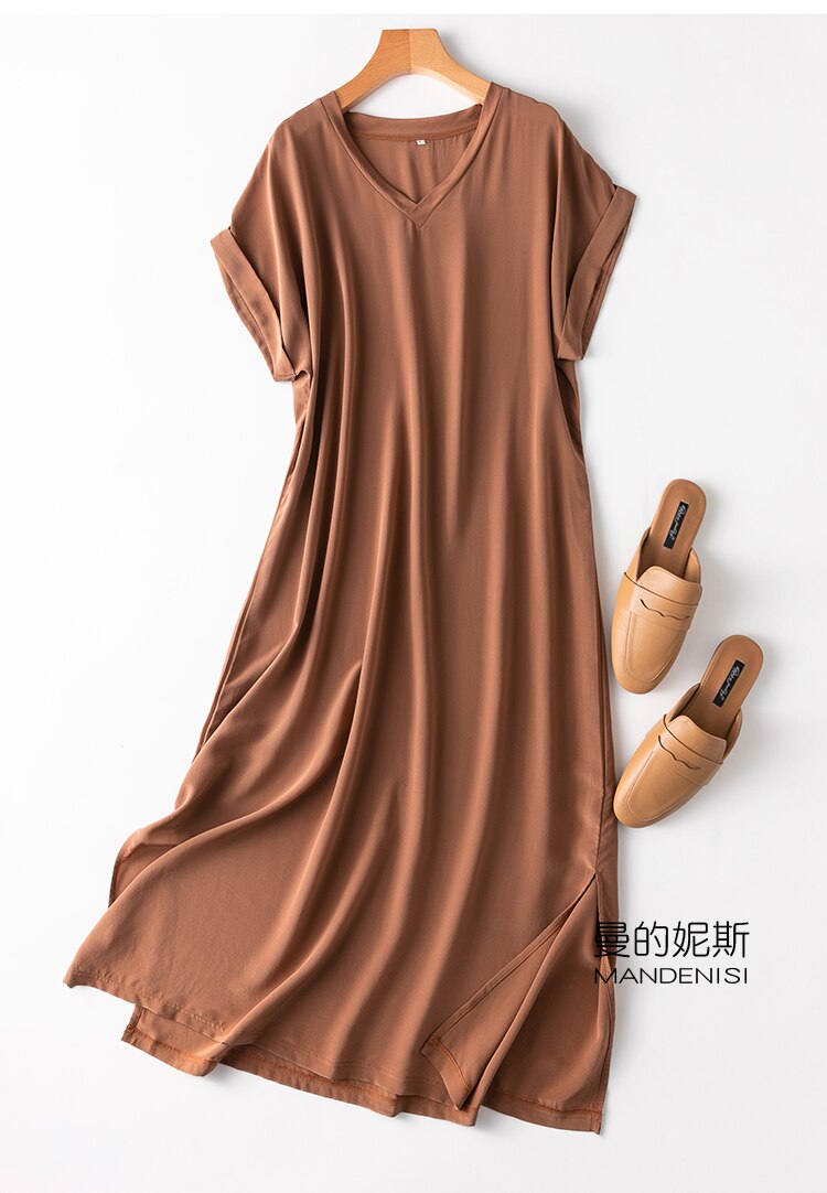 Vestido Midi de seda crepé grueso para mujer, Vestido largo de manga corta con escote en V y abertura lateral, talla L XL, MM112, 100%: coffee / XL