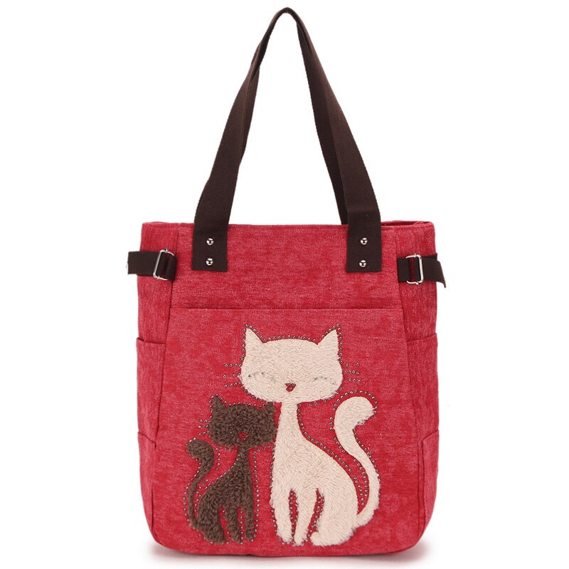 Dames Canvas Tas Vrouwen Schoudertassen Vrouwelijke Leuke Kat Handtas Casual Totes Lady College School Boeken Tas Boodschappentas Voor meisjes: Rood
