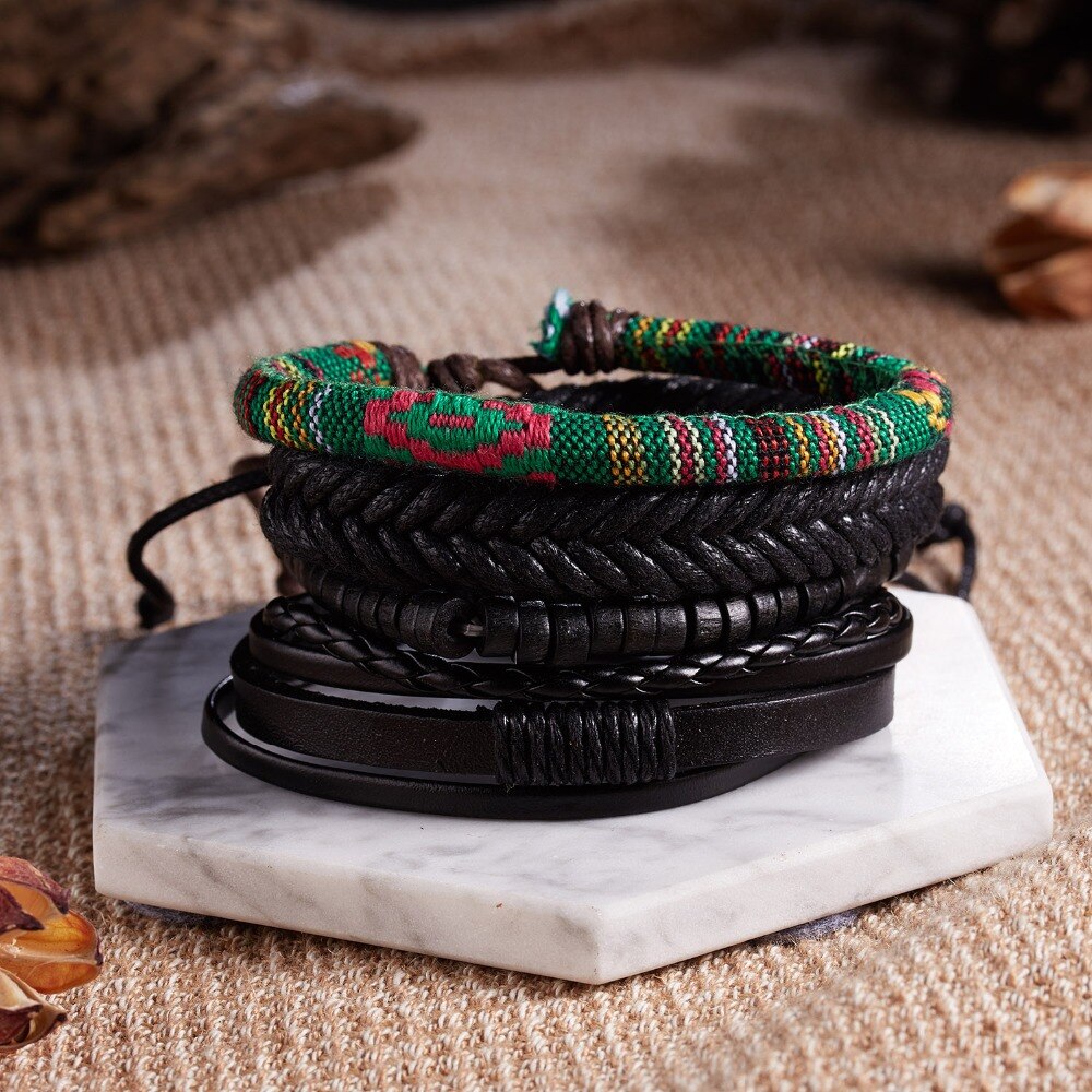 4pcs/set Ethnic Braided Leather Bracelets &amp; Bangles for Women Multilayer Wristband Vintage Handmade Bracelet Men Jewelry