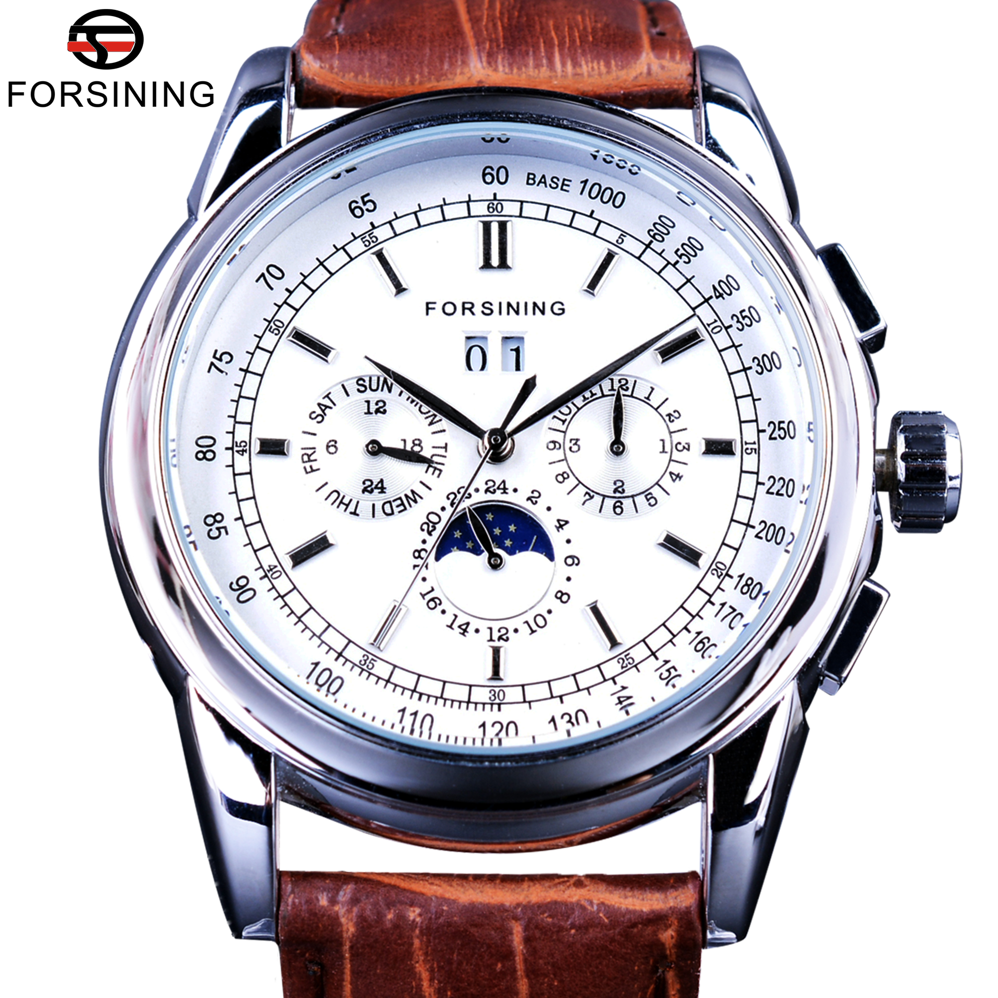 Forsining Moonphase Kalender Display Bruin Lederen ShangHai Automatische Beweging Heren Horloges Top Brand Luxe Mechanische Horloges