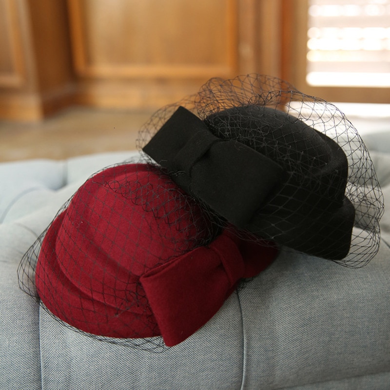 Fascinators hatte ren australsk uld engelsk shell hat med mesh rød sort efterår/vinter hat til kvinder kirketøj