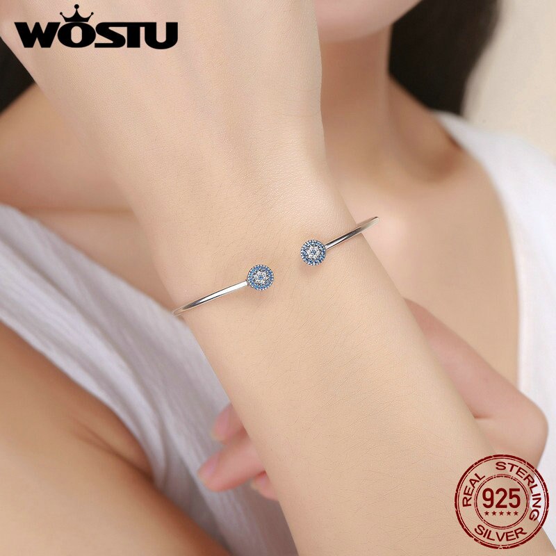 WOSTU Echtem 925 Sterling Silber Glück Blau Augen Blau CZ Öffnen Manschette Armreif & Armbinde Für Frauen Luxus Silber Schmuck CQB058