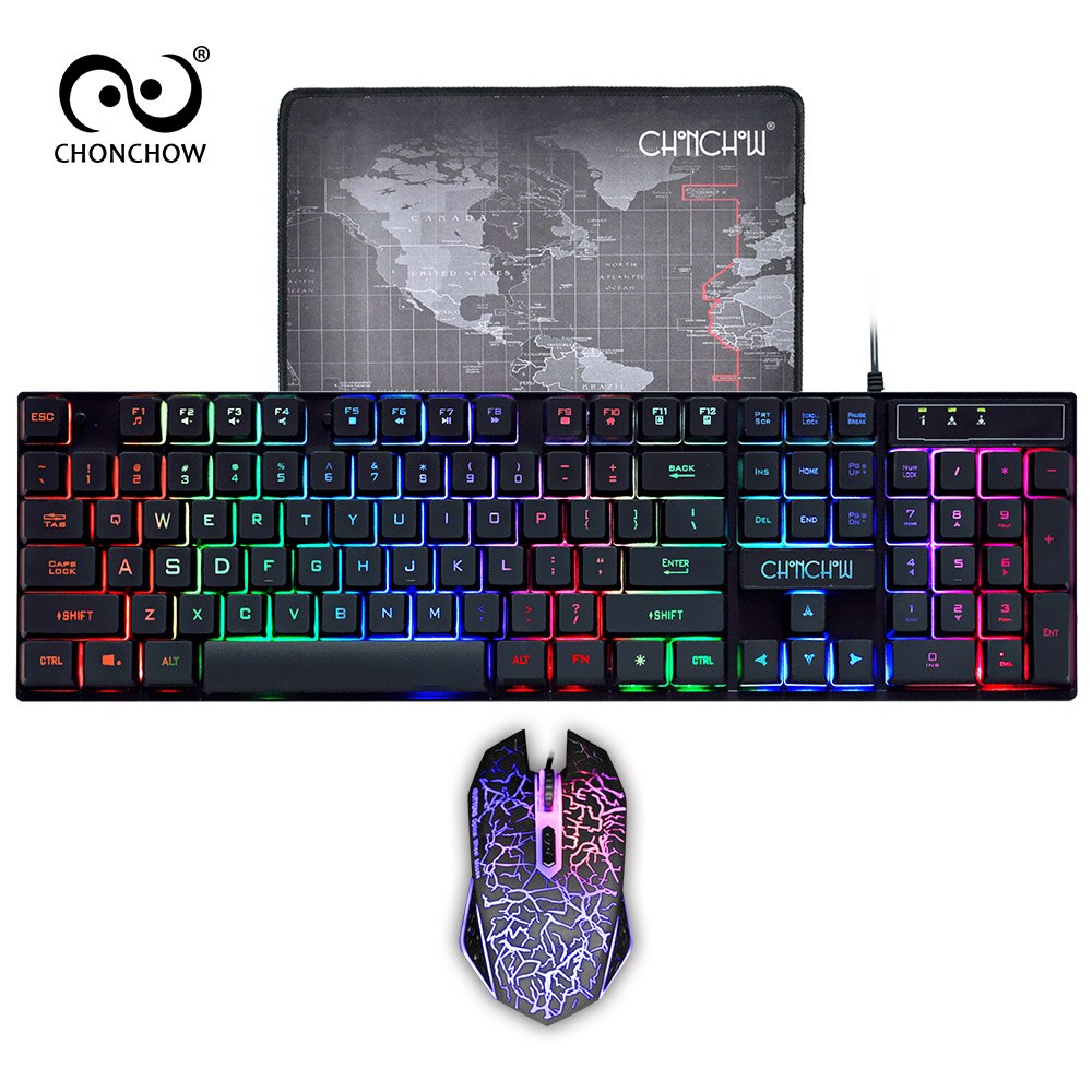 Gaming tangentbord och mus combo led andning bakgrundsbelyst usb trådad full key färgglad mus 3200 dpi mekanisk känsla