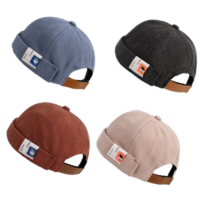 Retro Solid Color Beanie Docker Cap Rolled Cuff Brimless Label Hip Hop Skull Hat Y1AC