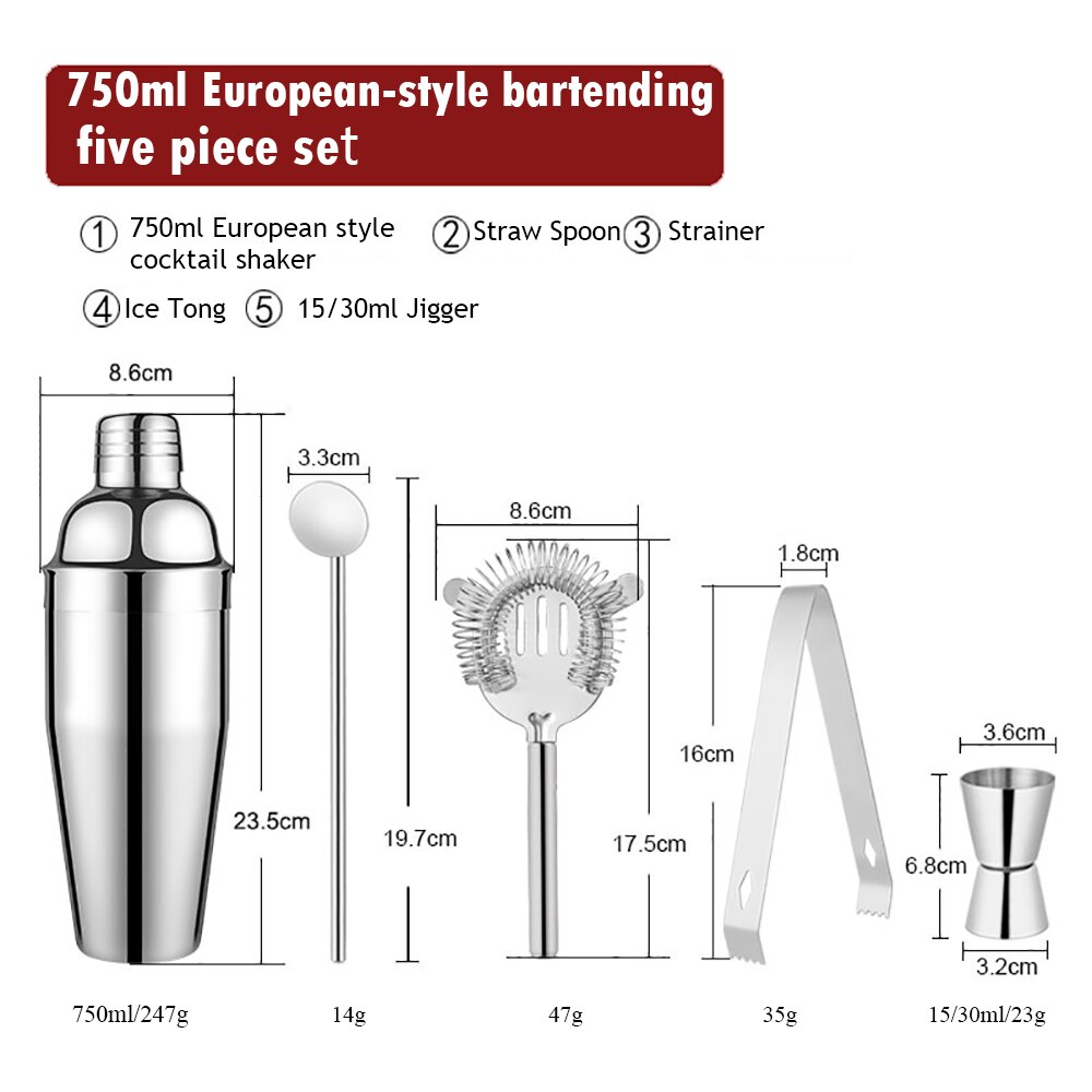 Stainless Steel Cocktail Shaker Bar Set Mixer Cocktail Shaker Wine Martini Boston Shaker Drinkware for Party Bar Tools 550/750ML: 5Pcs 750ML