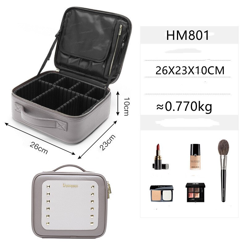 JUNKAI-Bolsa de cosméticos , organizador de maquillaje bonito, material de cuero gris con partición, productos cosméticos de alta capacidad: HM-801