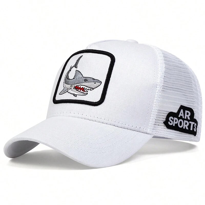 Unisex Shark Patch Embroidery Baseball Net Caps Spring Summer Outdoor Adjustable Casual Hats Sunscreen Hat: WHITE