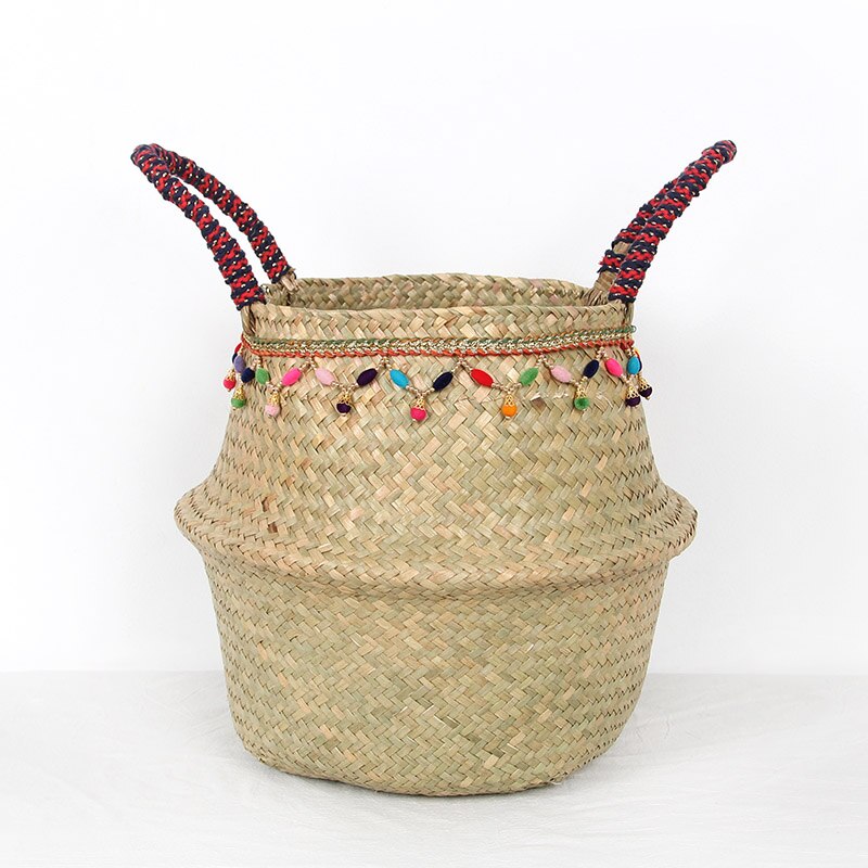 Vævet multifunktionel håndtaske flet kurv søgræs vasketøjskurv naturlig rattan blomsterkurv vase plantehave potte: B