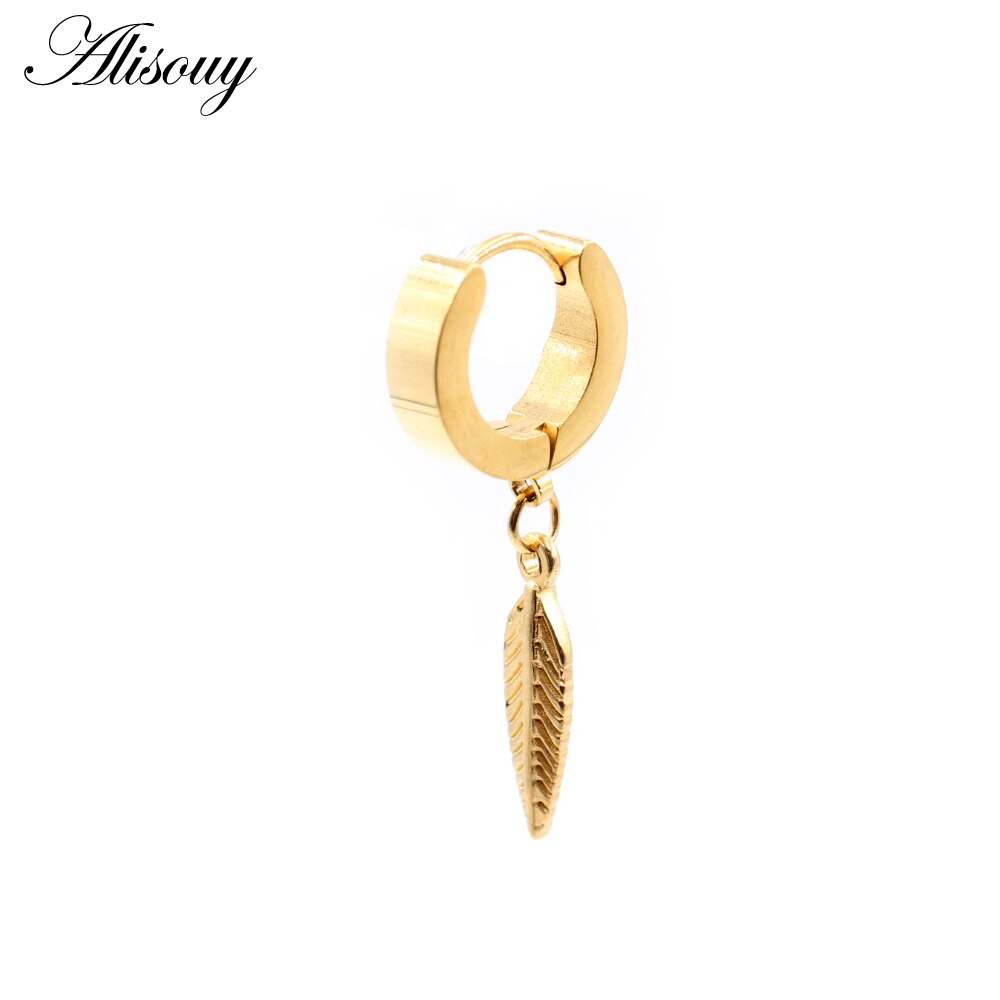 Alisouy 2 Stuks Punk Rvs Stud Huggie Oorringen Voor Vrouwen Mannen Leaf Feather Dangle Oorbellen Hiphop Goth Oor oorbellen: EM0805D Gold Color