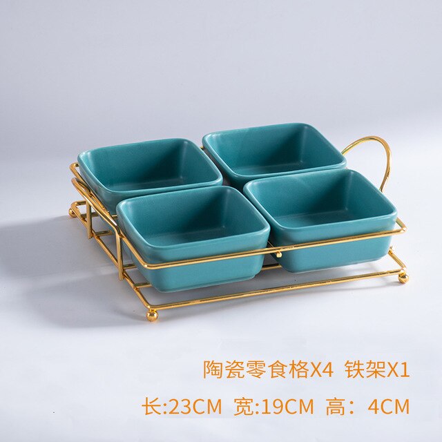 Ceramic Food Tray Dessert Serving Cake Trays Decorative with Iron Stand Kitchen Grid Nut Snack Candy Organized Decoration Trays: blue4