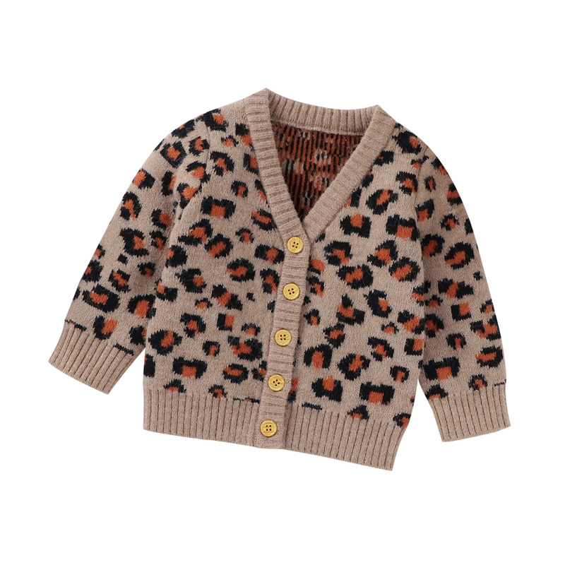 Lioraitiin 0-24m criança infantil menina leopardo impressão camisola outono inverno quente casaco com decote em v botão de malha cardigantops