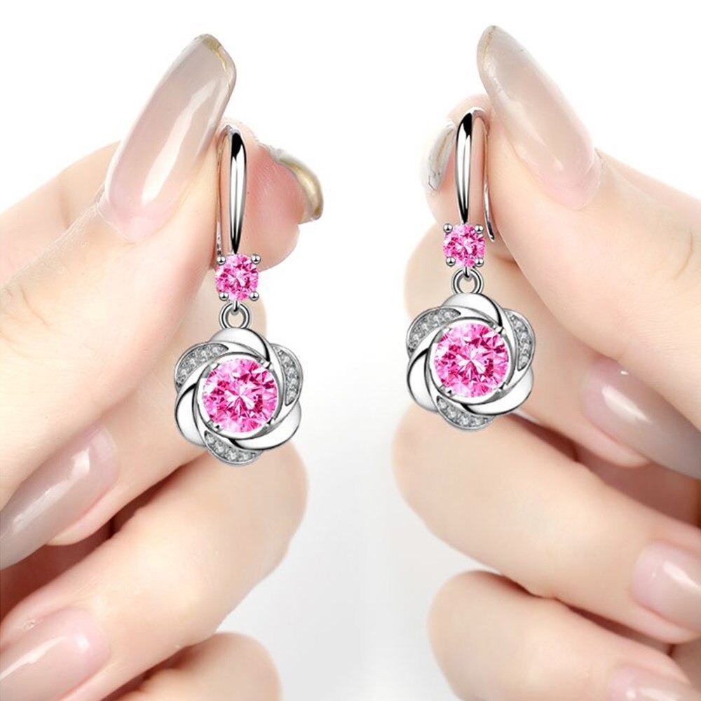 Nehzy 925 prata esterlina nova moda feminina jóias rosa azul branco cristal zircon mid-length borla trevo flor brincos